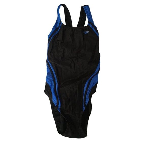 Speedo young girls bathing suit in black with blue stripes - Picture 1 of 3